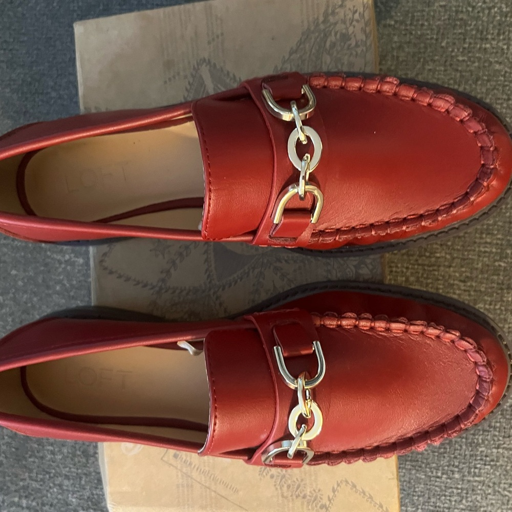 LOFT Red Leather Chain-Detail Loafers